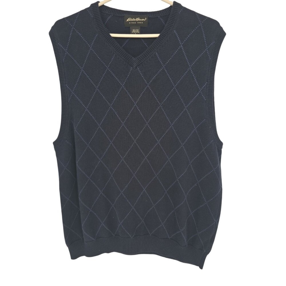 EDDIE BAUER Sweater Vest Mens L Large Argyle Pullover V Neck Preppy